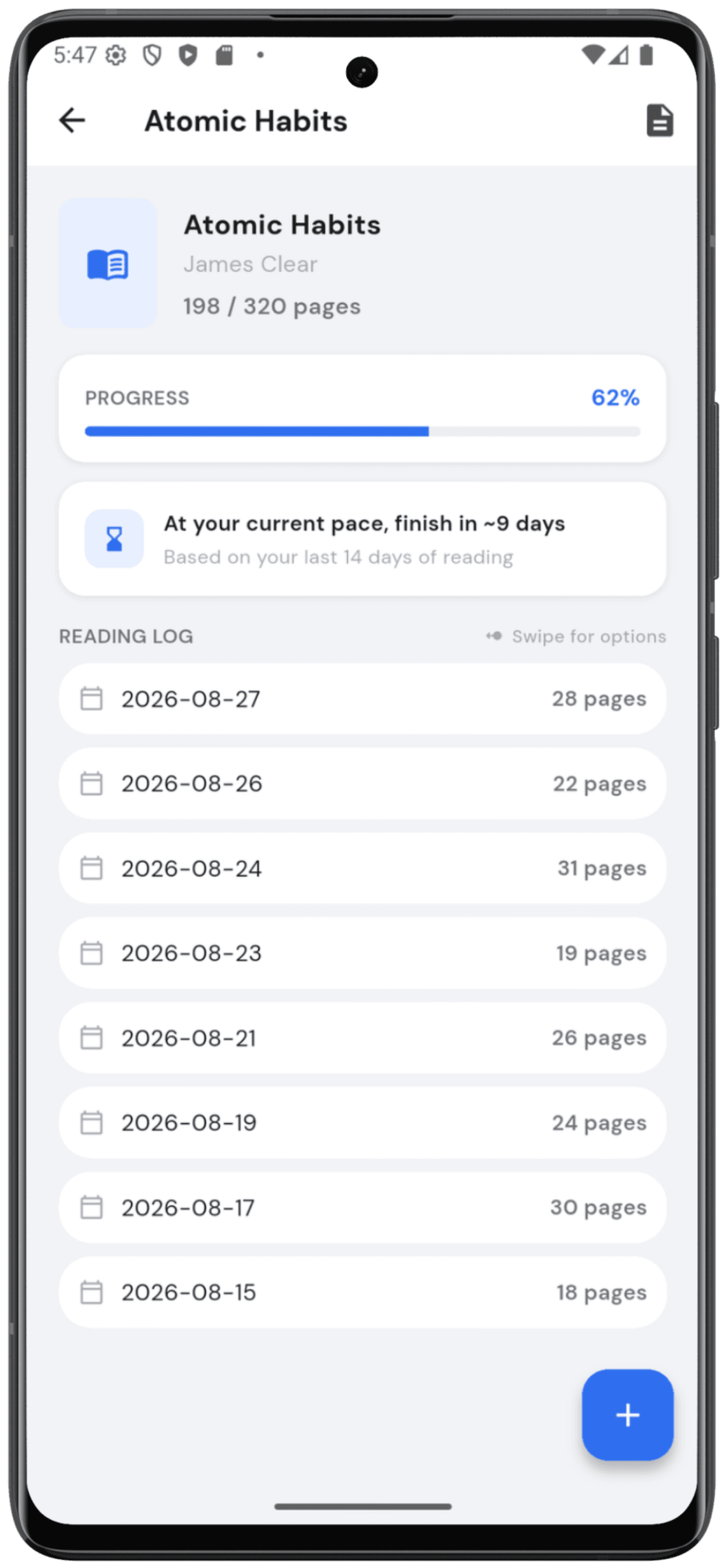 A book detail screen showing an estimated finish date