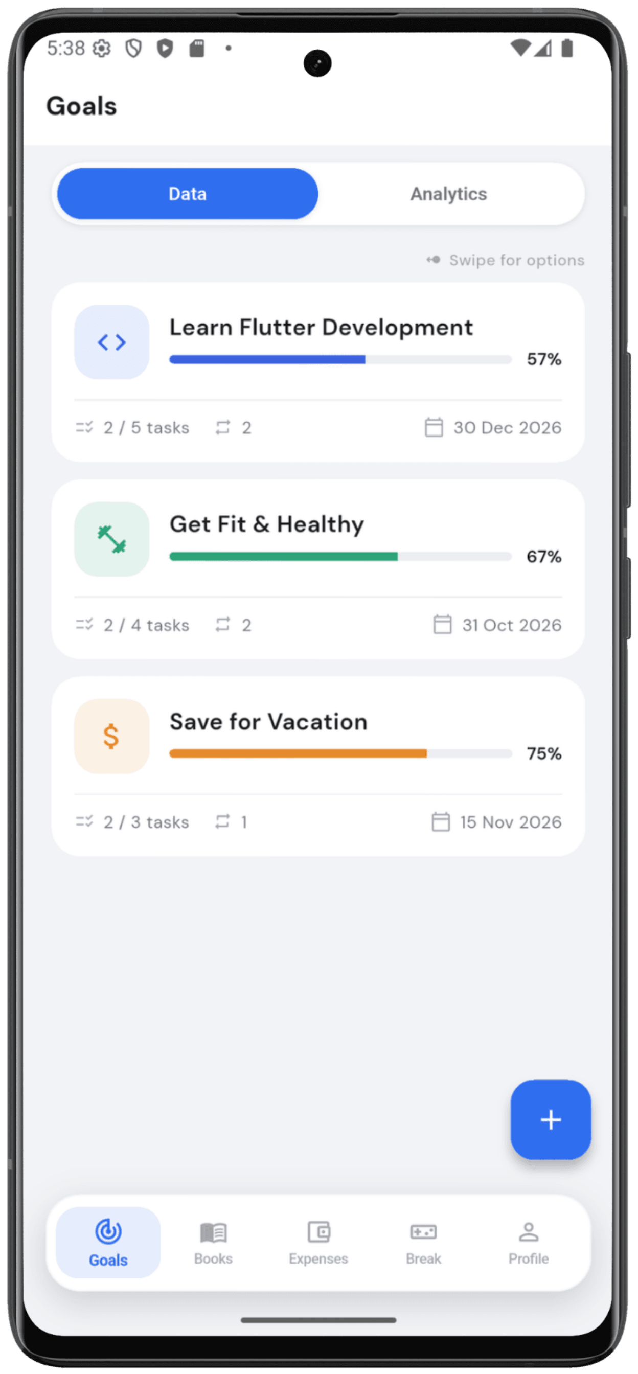 Track goals list with progress